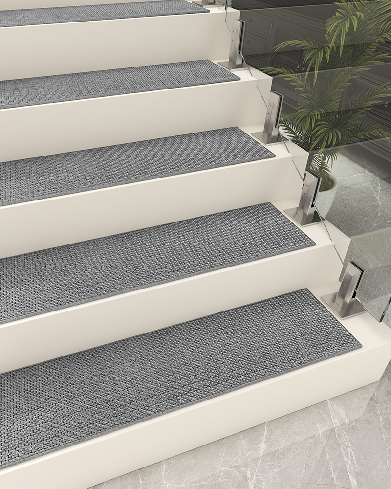 Washable rubber carpet stair treads, resistant to fading, stains, and shrinking.