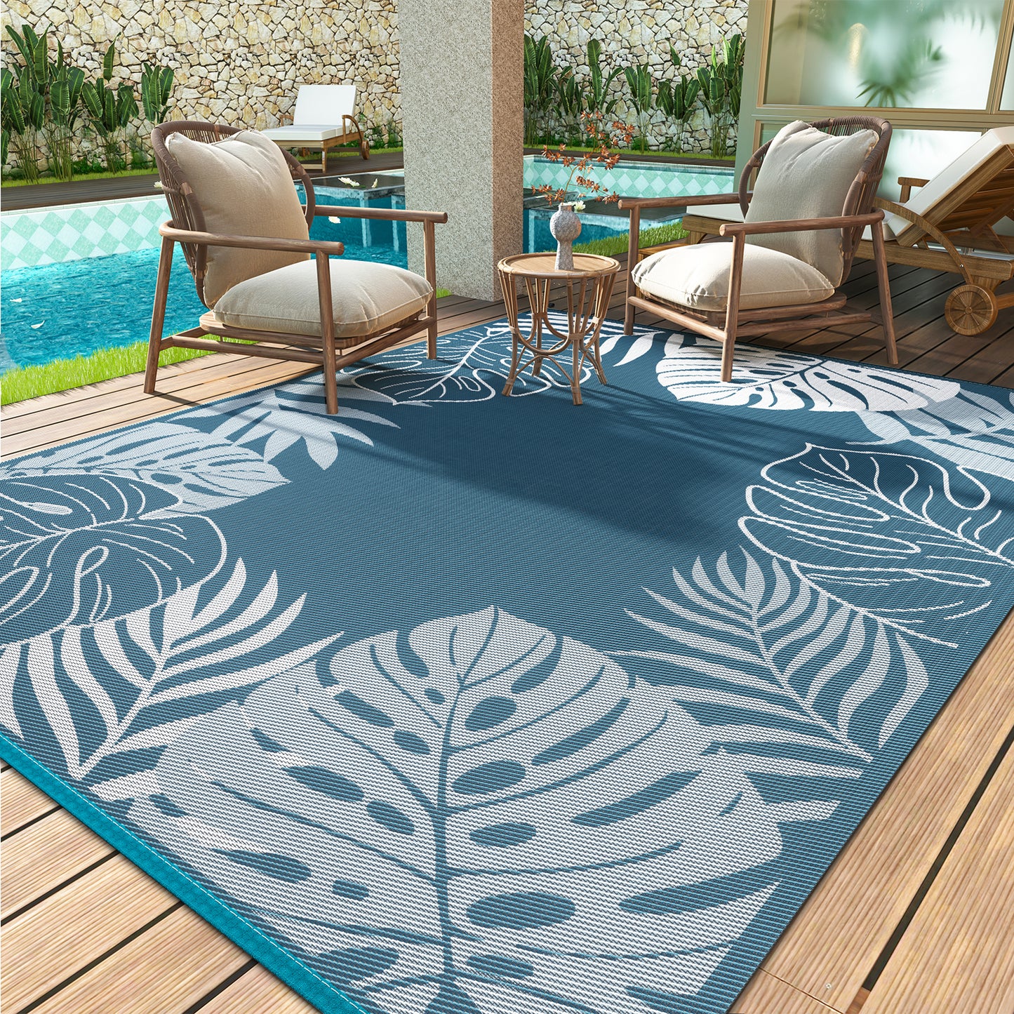 SIXHOME Outdoor Rug Patio Rug Waterproof Straw Texture Tropical Palm Pattern