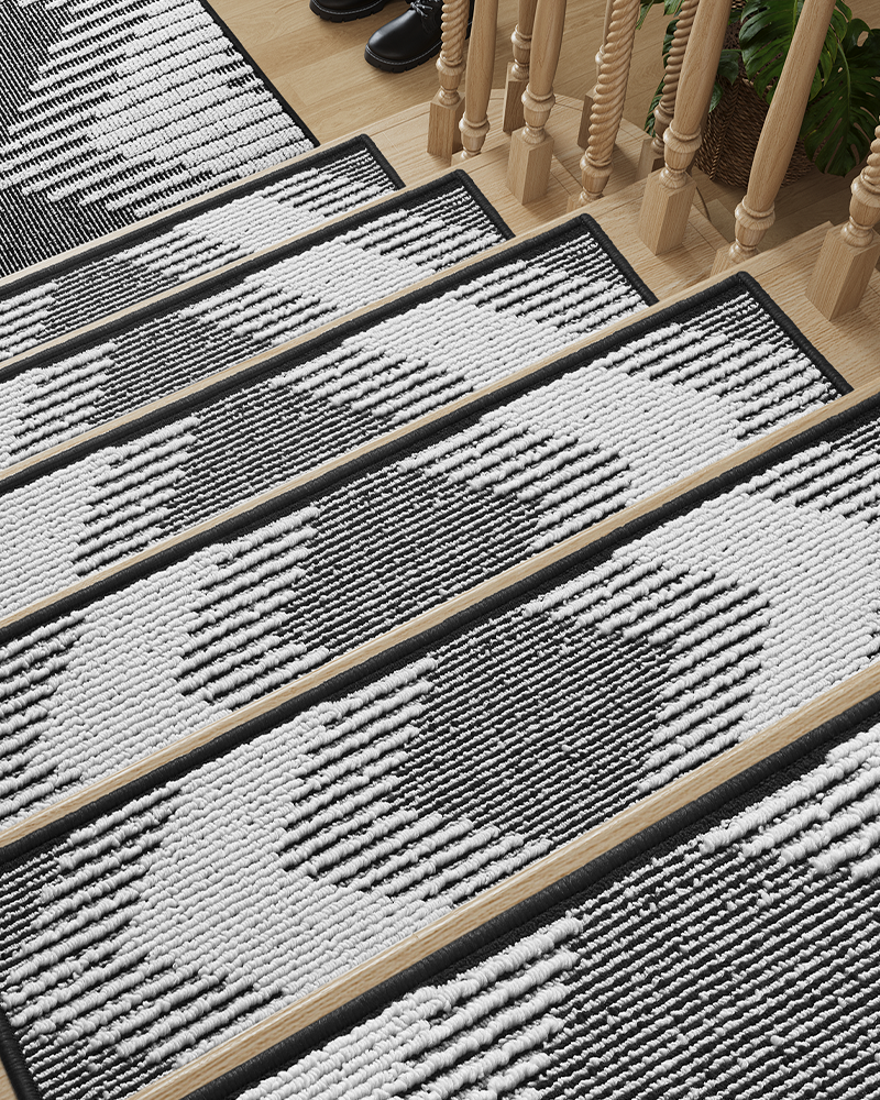 Washable 3D carpet stair treads for indoor wooden steps, non-slip and durable.