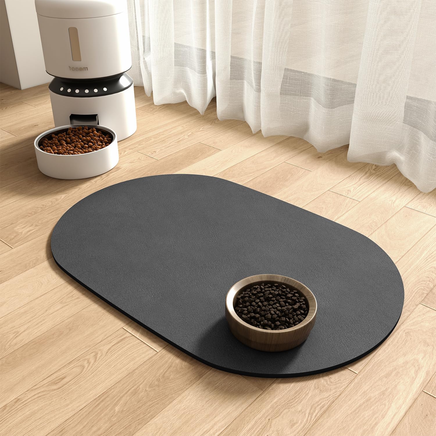 Oval Absorbent Pet Food Mat - Dark Gray