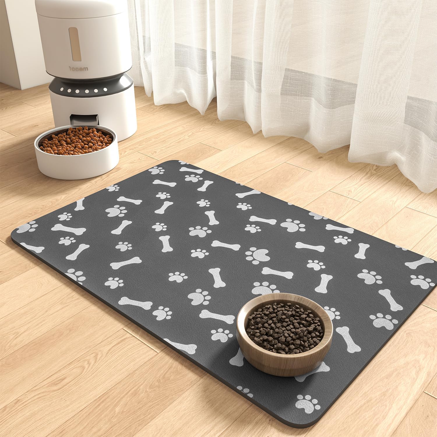 Cute Paw Bone Absorbent Pet Food Mat - Dark Gray