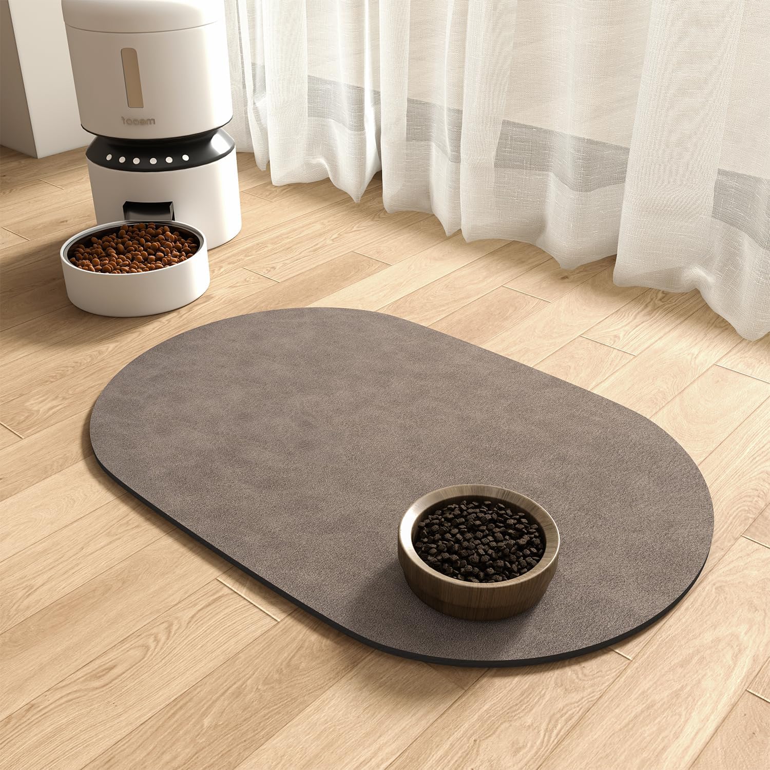 Oval Absorbent Pet Food Mat - Brown