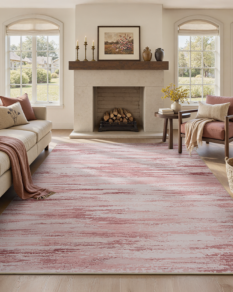 Pink modern non-slip area rug, soft washable surface for everyday use.