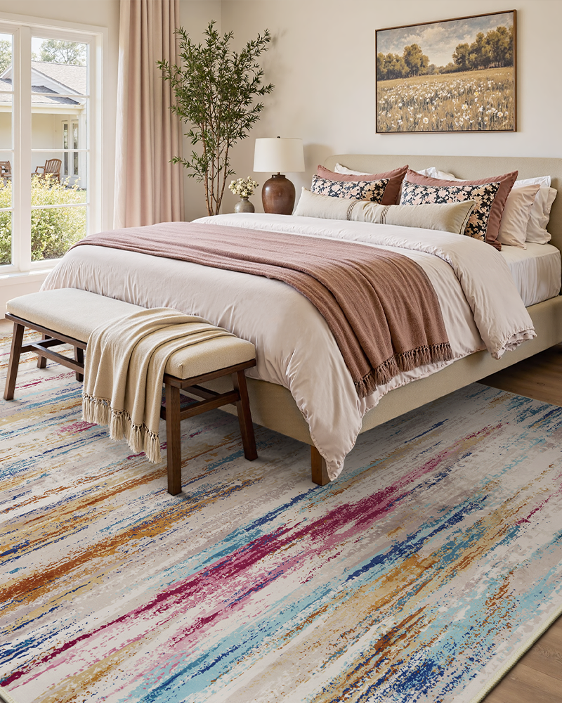 Soft colorful abstract rug for living room, washable and pet friendly.