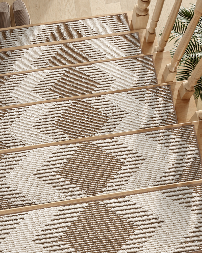 Soft 3D carpet stair treads with peel-and-stick adhesive, safe for kids and pets.