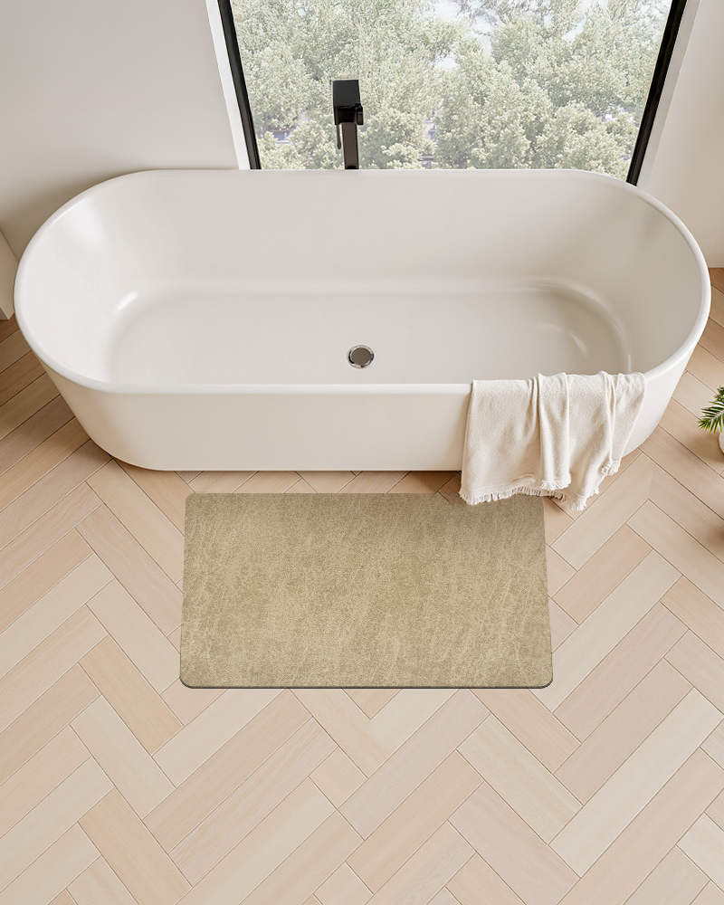 Slip resistant bathroom floor mat made of soft faux suede, elegant and easy to clean.