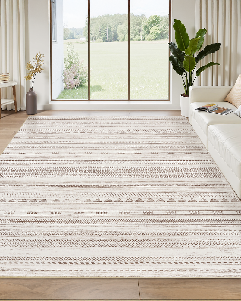 Cream and grey boho style rug featuring elegant geometric patterns for neutral décor.