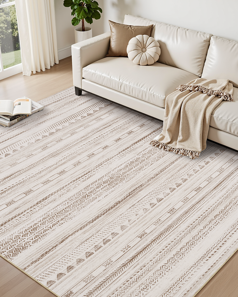 Neutral boho rug with soft texture, perfect for living room or bedroom flooring.