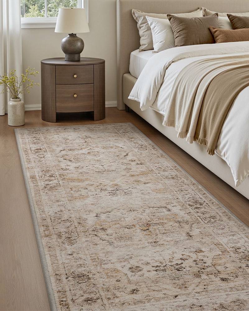 Non-slip washable area rug combining modern function with vintage charm.