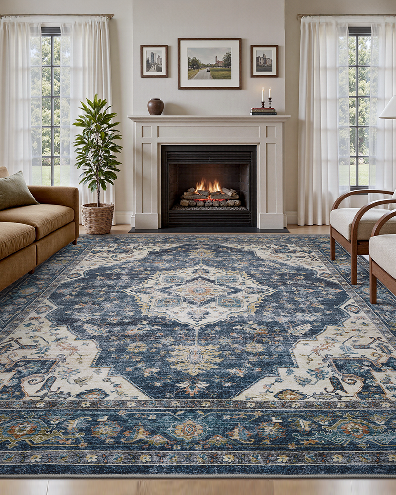Elegant beige 8x10 area rug, vintage design enhances home atmosphere.