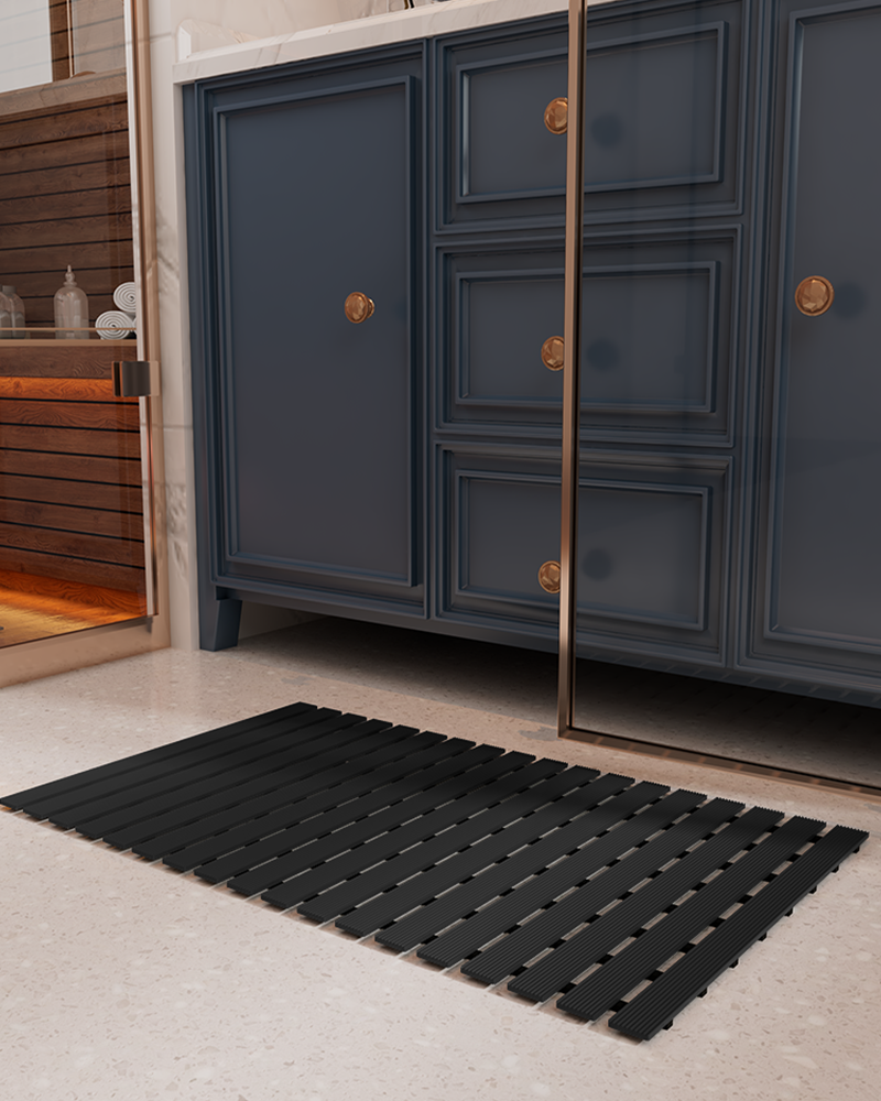 Heavy-duty bathtub mat, anti-slip rubber backing, curlable and suitable for all seasons.