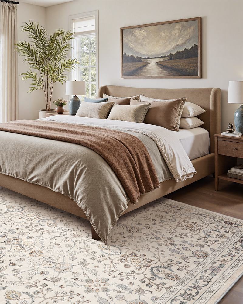 Distressed beige vintage rug, soft surface ideal for bedrooms or offices.