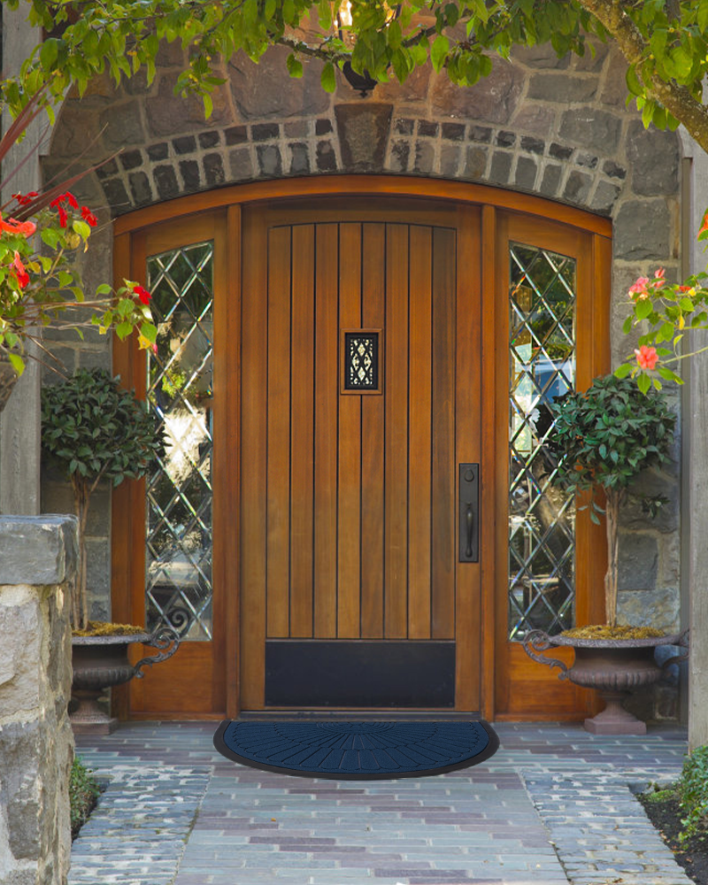 Half round dirt trapper entry door rug with non slip rubber backing.