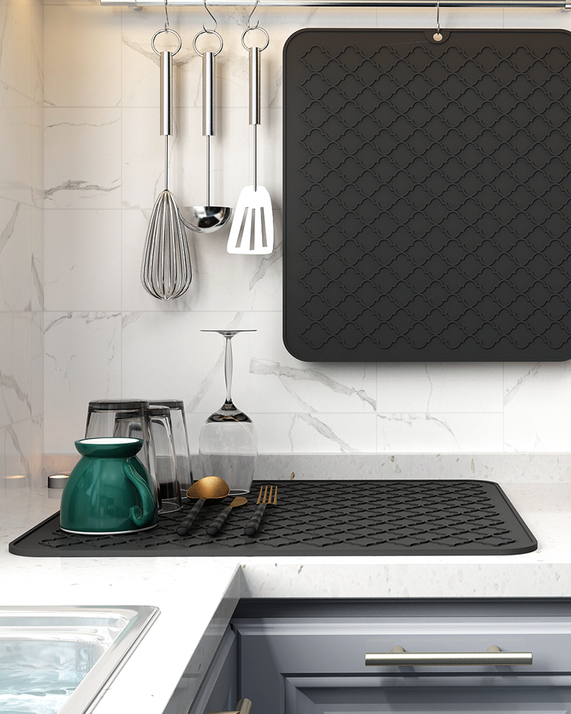 Dish drying mat for coffee machine and bar accessories, protects counter from moisture.