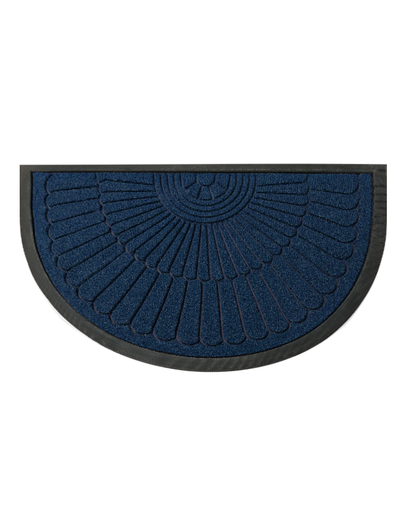 Absorbent semicircular front door welcome mat for outdoor and indoor entrances.