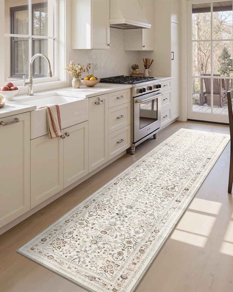 Washable beige runner rug for entryway or hallway, timeless charm.