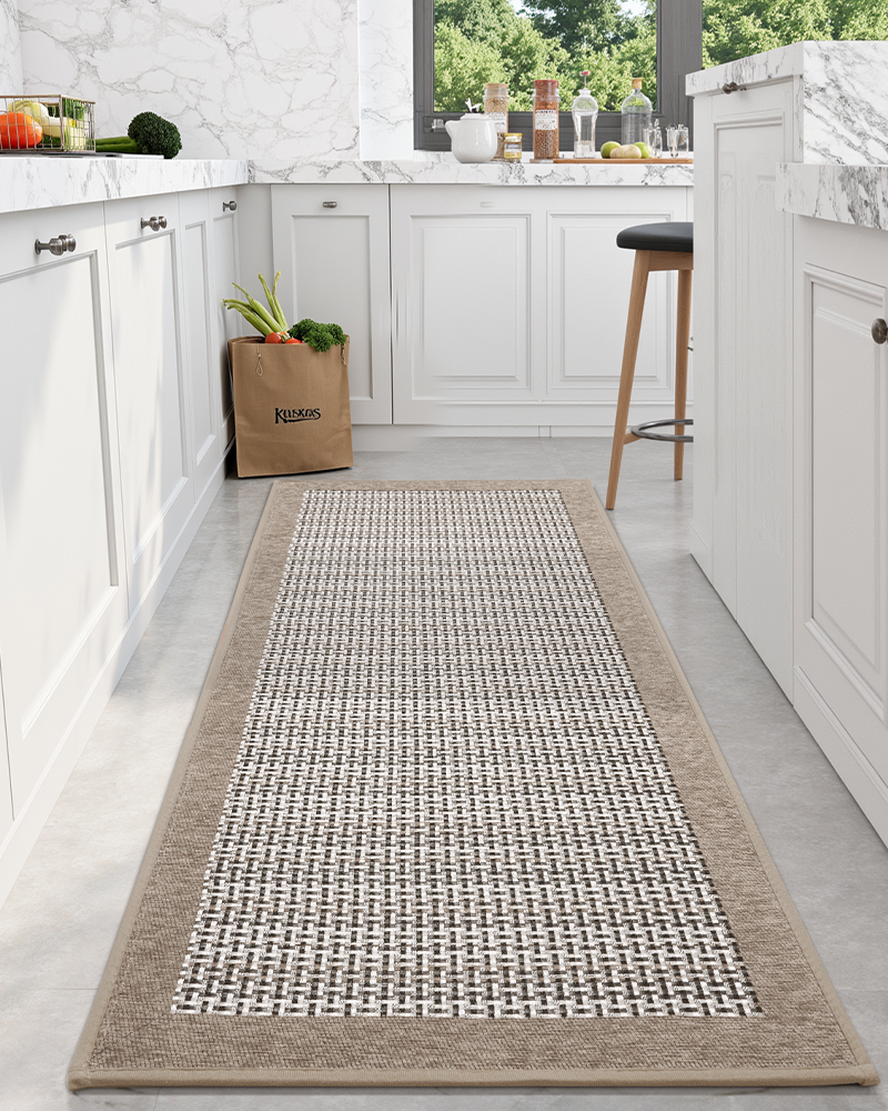Two piece washable and absorbent kitchen rug set for home use.