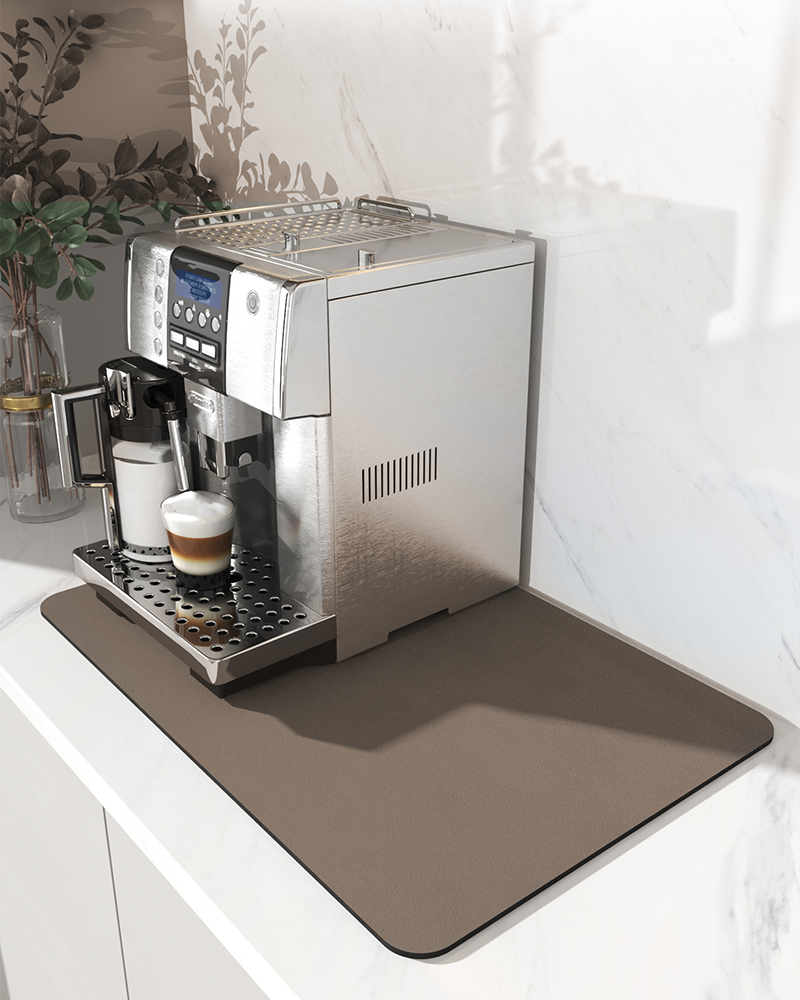 Coffee station mat absorbent and easy to clean, MontVooRugs kitchen accessory.