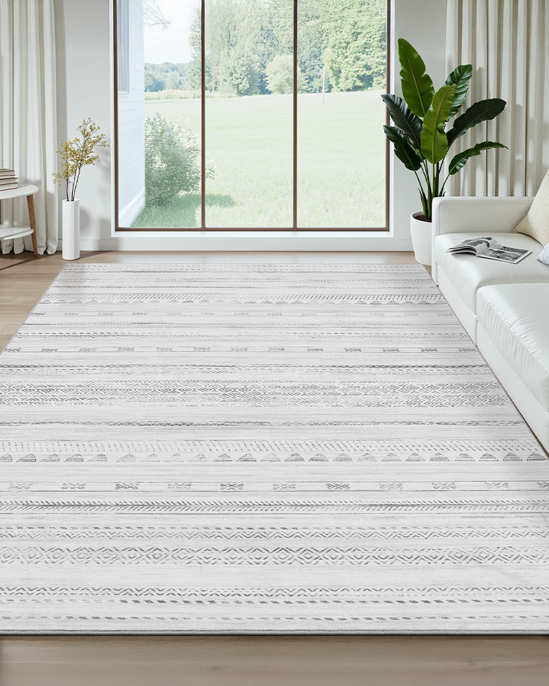 Durable washable rug ideal for dining room or home office, neutral and elegant.
