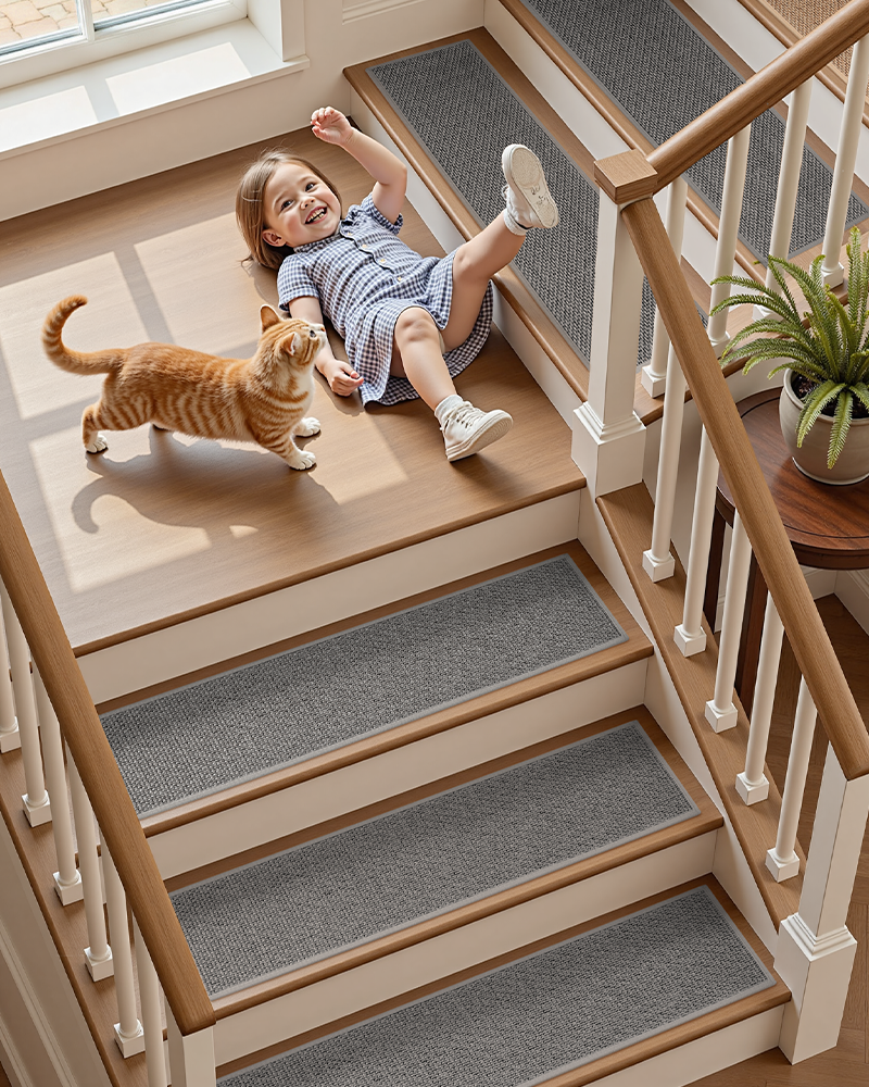 Non-slip rubber stair runners perfect for homes with pets, safe and washable.