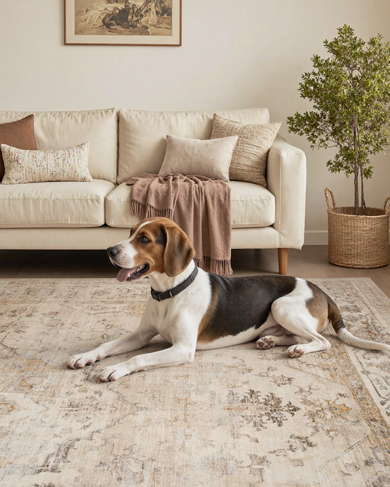 Neutral living room rug with modern vintage pattern and comfort.