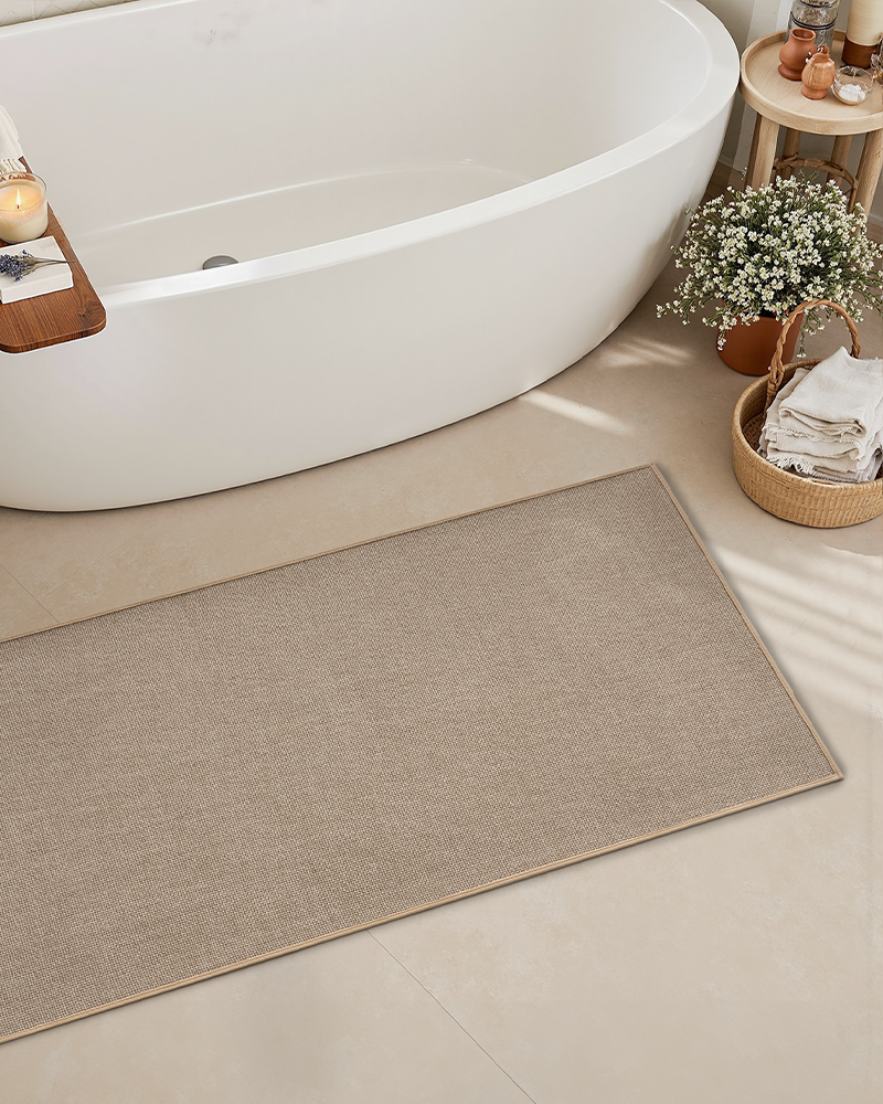 Thin bath mat with rubber backing, absorbent, quick-dry and easy to clean.