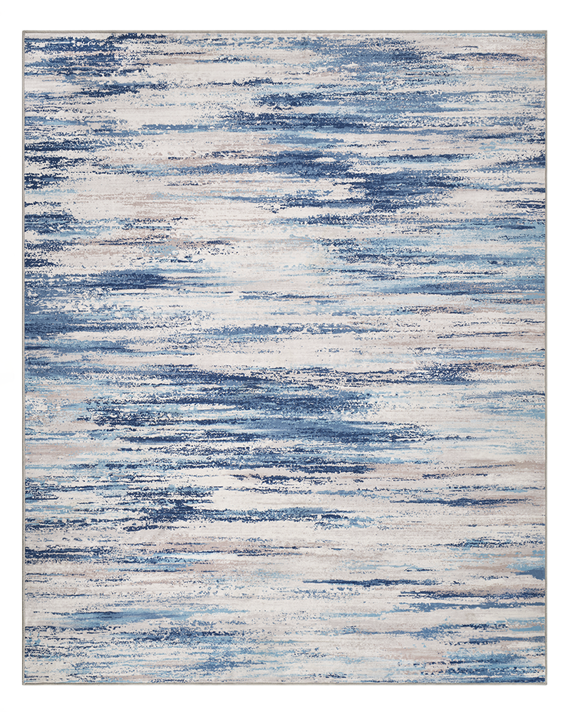 Soft washable rug for kids playroom, blue abstract pattern.