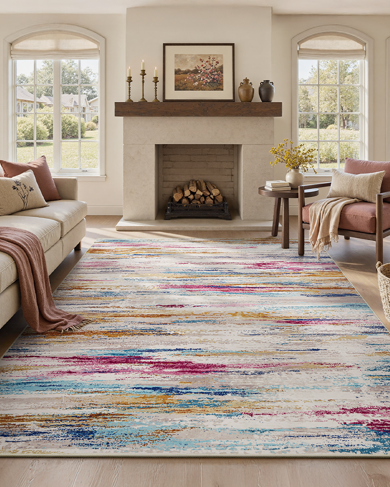 Non-slip washable modern rug, abstract pattern ideal for nursery or playroom.