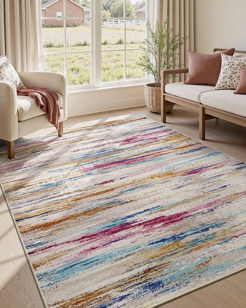 Colorful patterned modern abstract rug for living room, stylish accent piece.