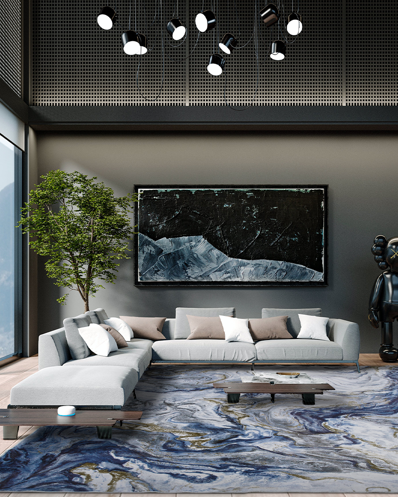 Machine washable living room rug with colorful abstract design, soft and easy to clean.