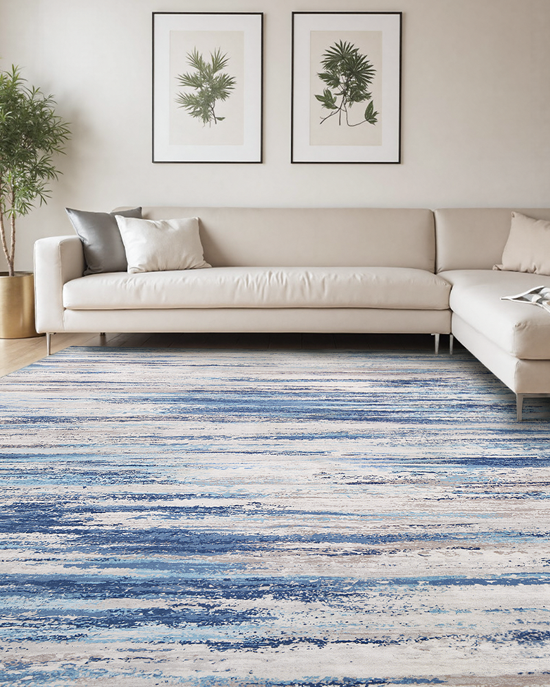 Non-slip modern abstract rug for living room, blue design enhances decor.