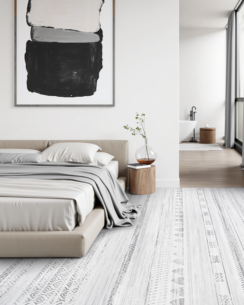 Cream and grey bohemian rug offering timeless neutral style for any living room.