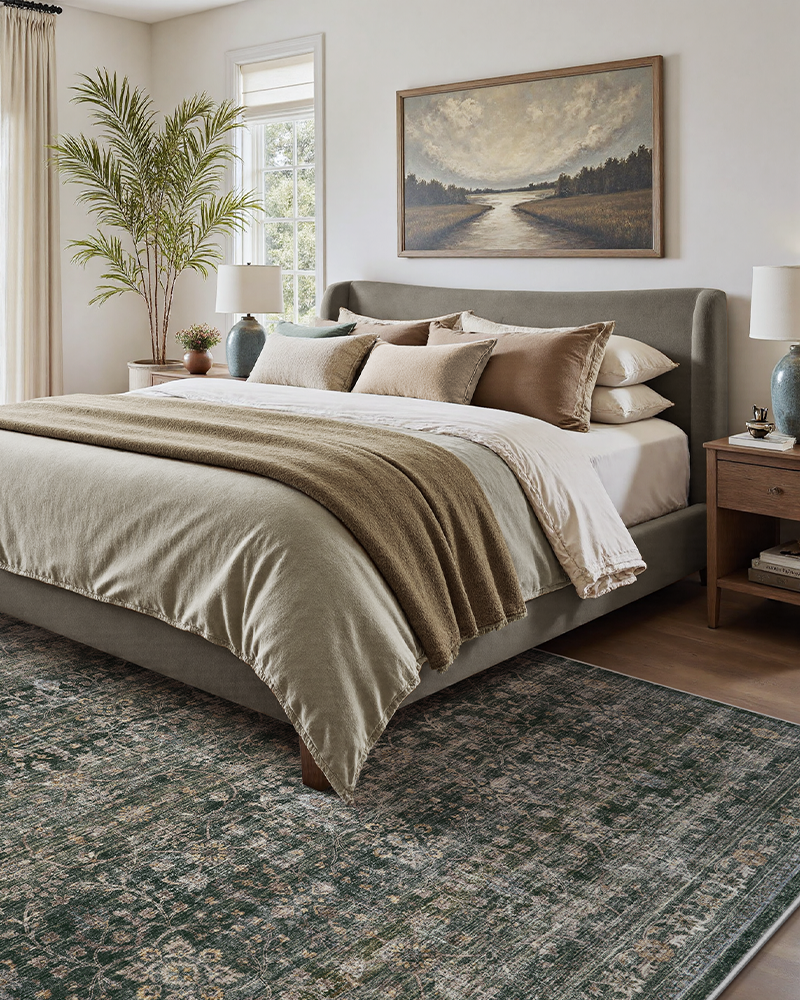 Soft vintage green rug with non-slip base, adds comfort to bedroom.