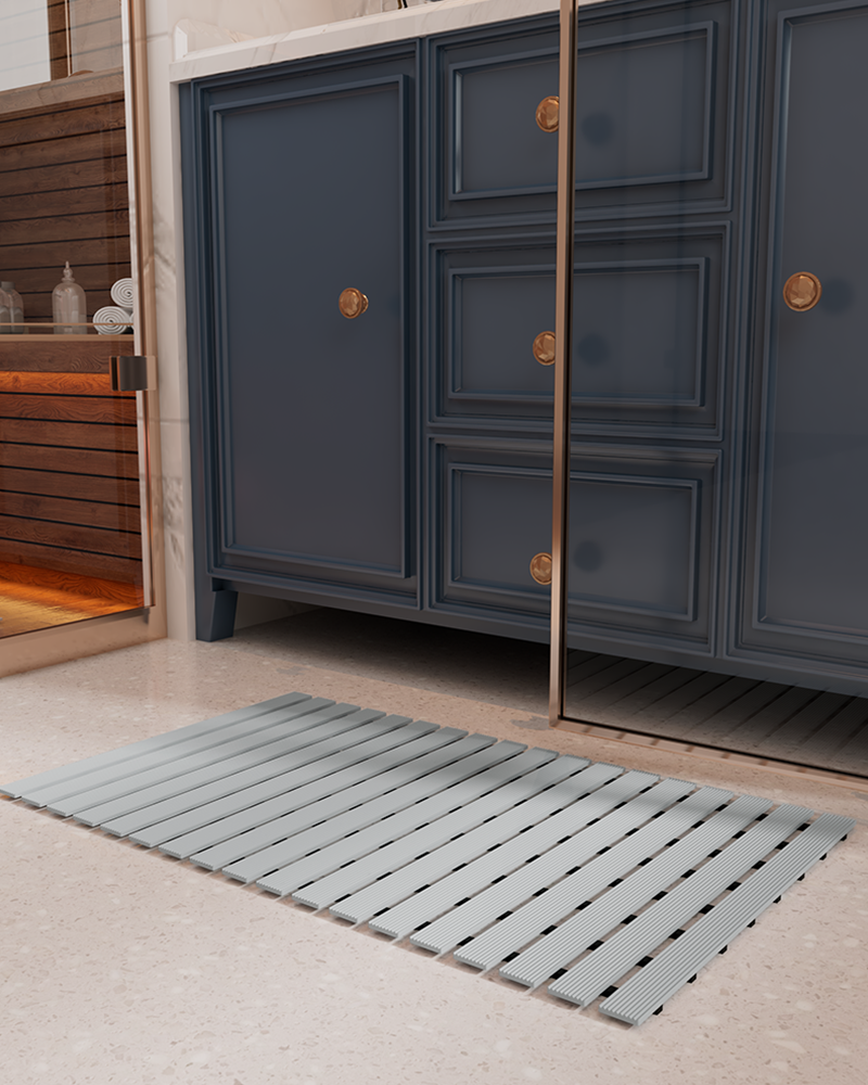 Bathroom shower mat, heavy-duty, quick-draining and non-slip rubber backing.
