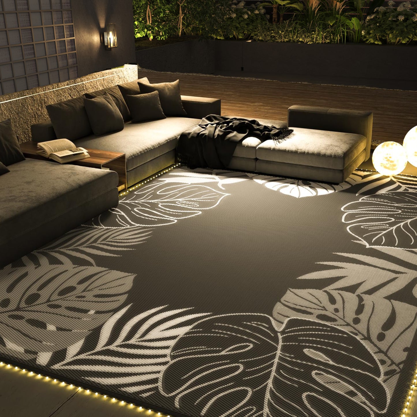 SIXHOME Outdoor Rug Patio Rug Waterproof Straw Texture Tropical Palm Pattern