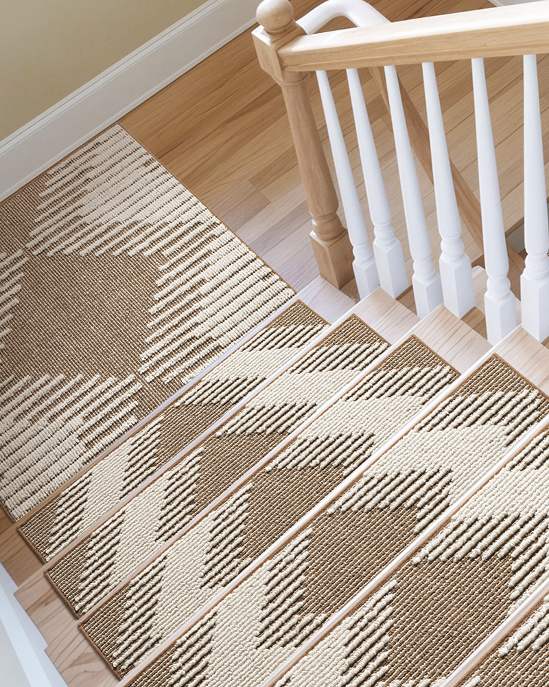 3D peel and stick stair treads for wooden steps, non-slip and durable.