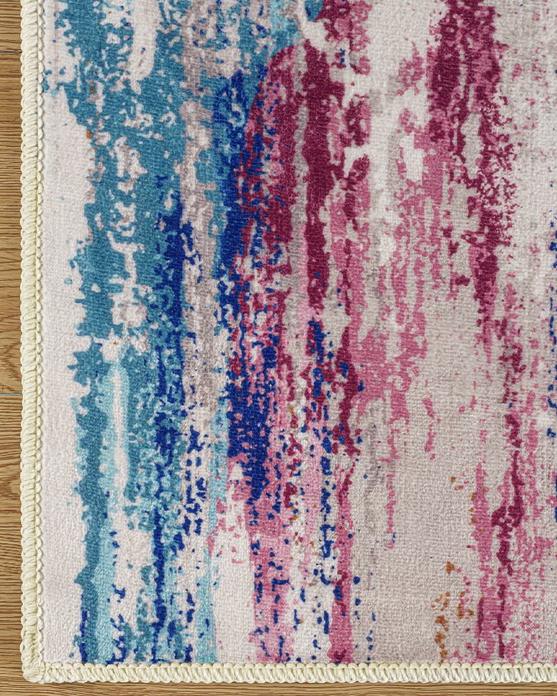 Soft washable abstract rug for kids playroom, cozy and colorful floor mat.