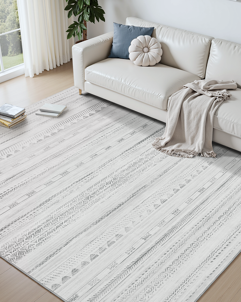 Neutral vintage boho rug with distressed pattern perfect for modern interiors.