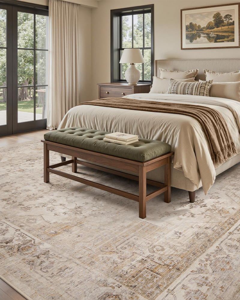 Neutral beige rug for bedroom, cozy floor mat for a warm inviting home.
