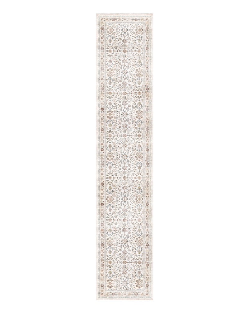 Durable beige soft runner rug, washable and ideal for long hallways.