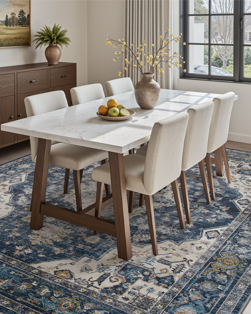 Washable non-slip beige rug for bedroom and dining room, cozy and durable.
