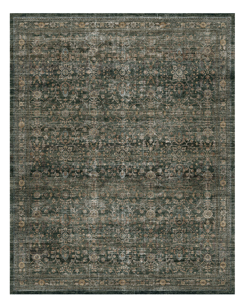 Distressed green rug for home, washable and soft for easy upkeep.