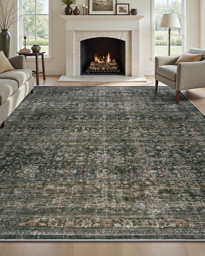 Classic green vintage rug for living room, soft texture and timeless charm.