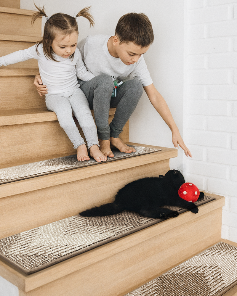 Washable and reusable 3D stair treads for wooden steps, non-slip and durable.
