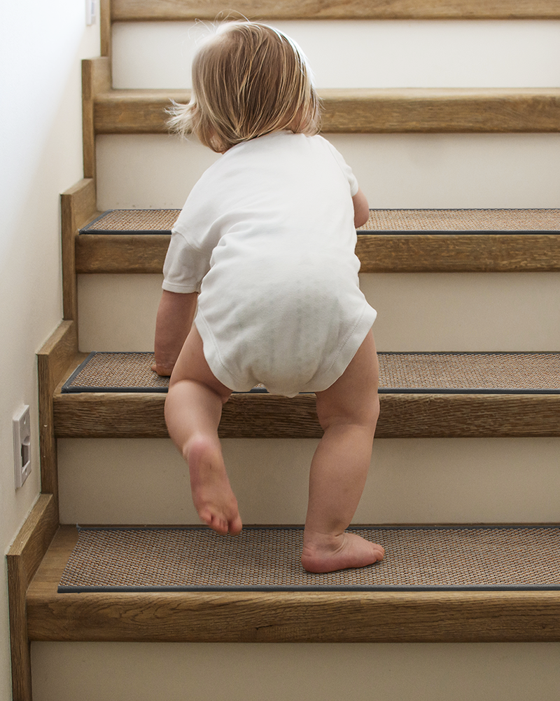 Anti slip rubber stair treads protect hardwood steps from scuffs and slipping.