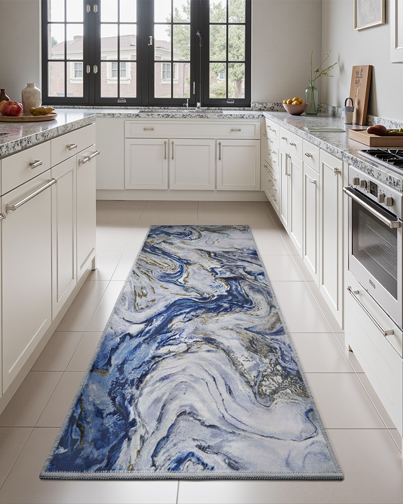 Modern abstract marble runner rug in blue tones, perfect for hallways.