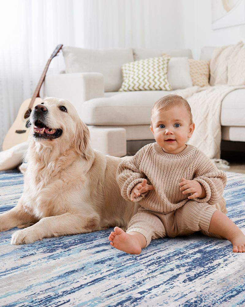 Blue non-slip washable rug for kids’ playroom, bright and fun design.