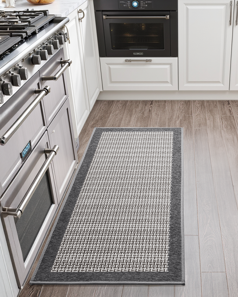 Washable kitchen floor mats set for sink and cooking area.