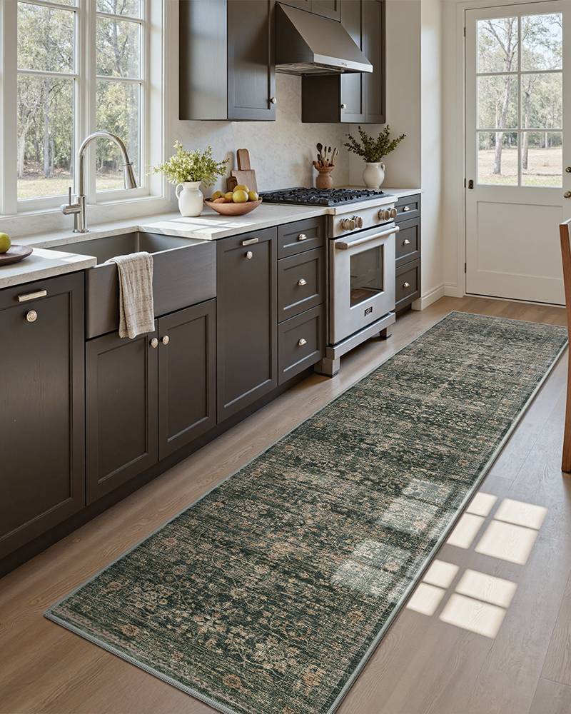 Warm Olive Green vintage runner rug, soft and easy to clean.