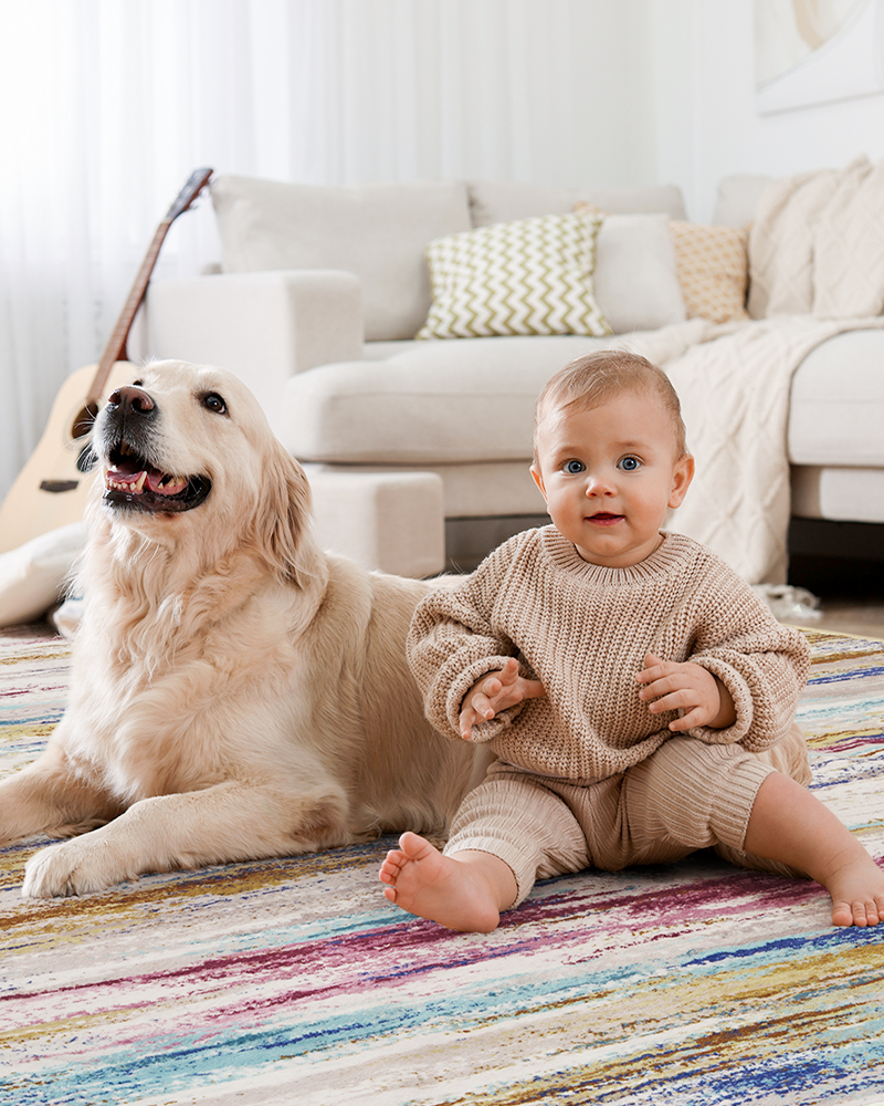 Washable multicolor rug for playroom, non-slip soft design for safety.